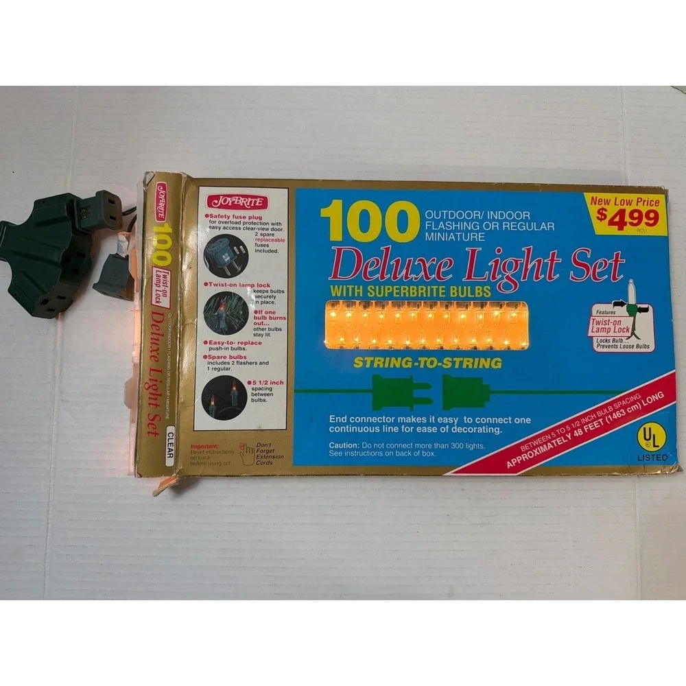 JoyBrite 100 Deluxe Light‎ Set Clear Miniature Indoor Outdoor 48ft Green Wire